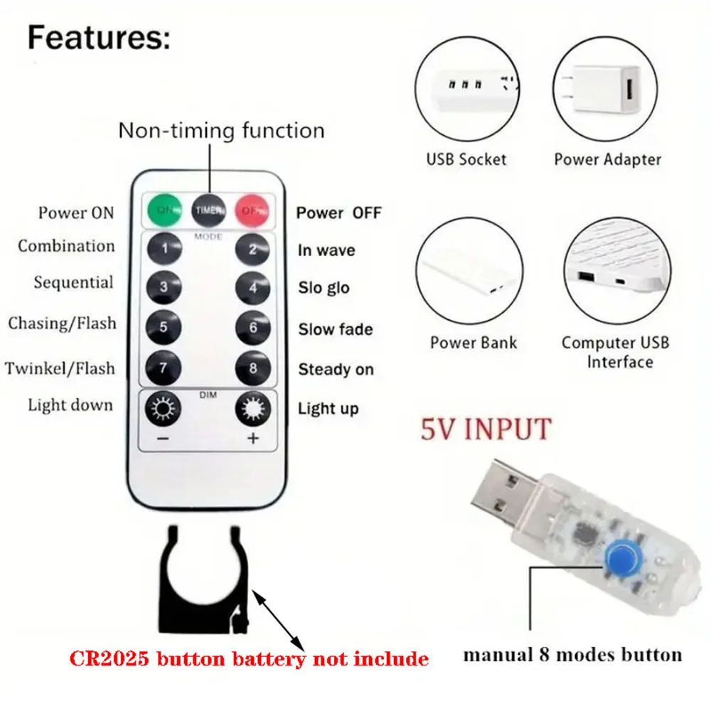 8-modus LED Fairy String Light Slaapkamer Feest Vakantie Kerstdecoratie voor thuis 3-6M Bruiloft Licht LED USB Gordijnverlichting