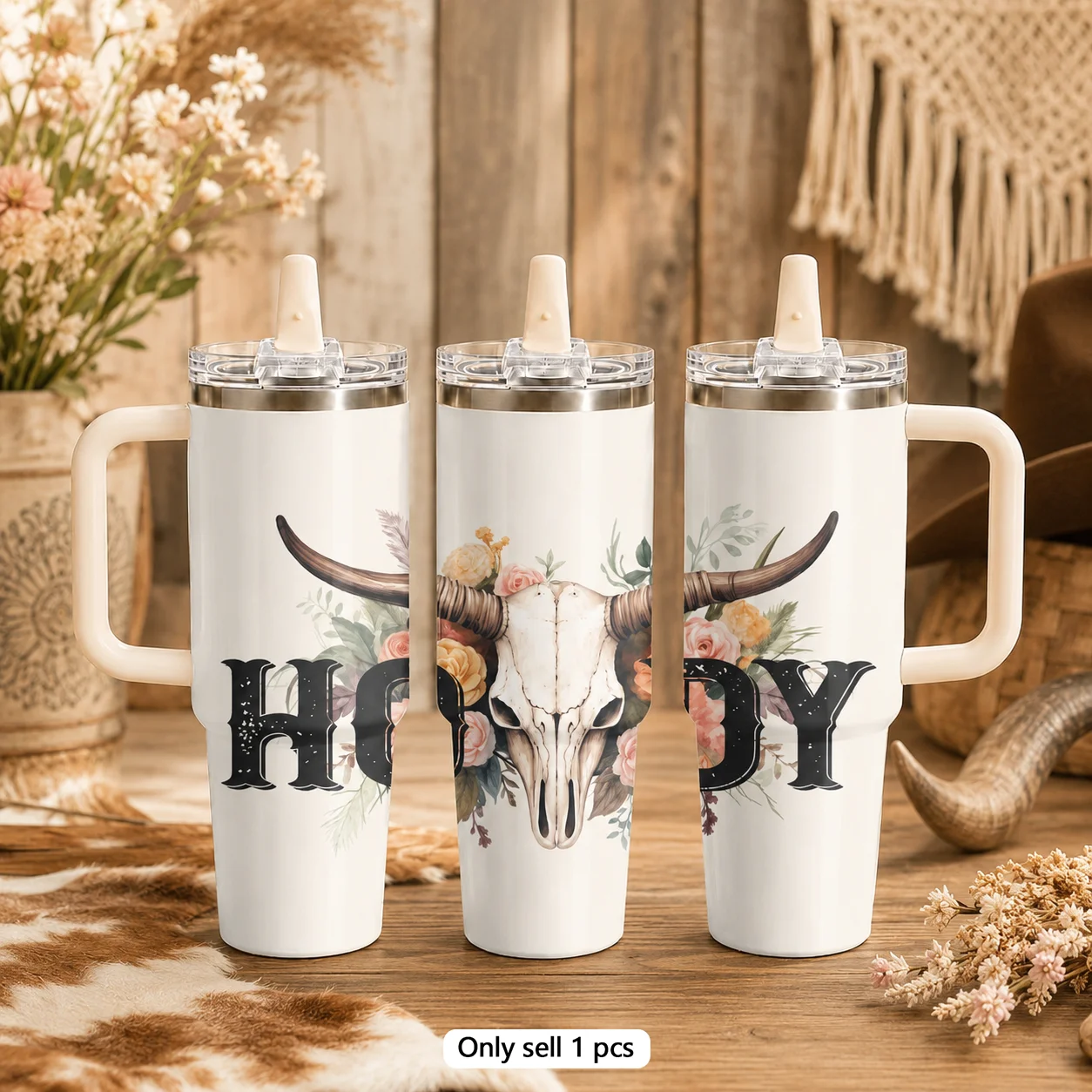 Bull Skull Floral Vacuum Flasks 40oz Thermal Tumbler with Handle Stainless Steel Vacuum Insulated Leak Proof Travel Mug