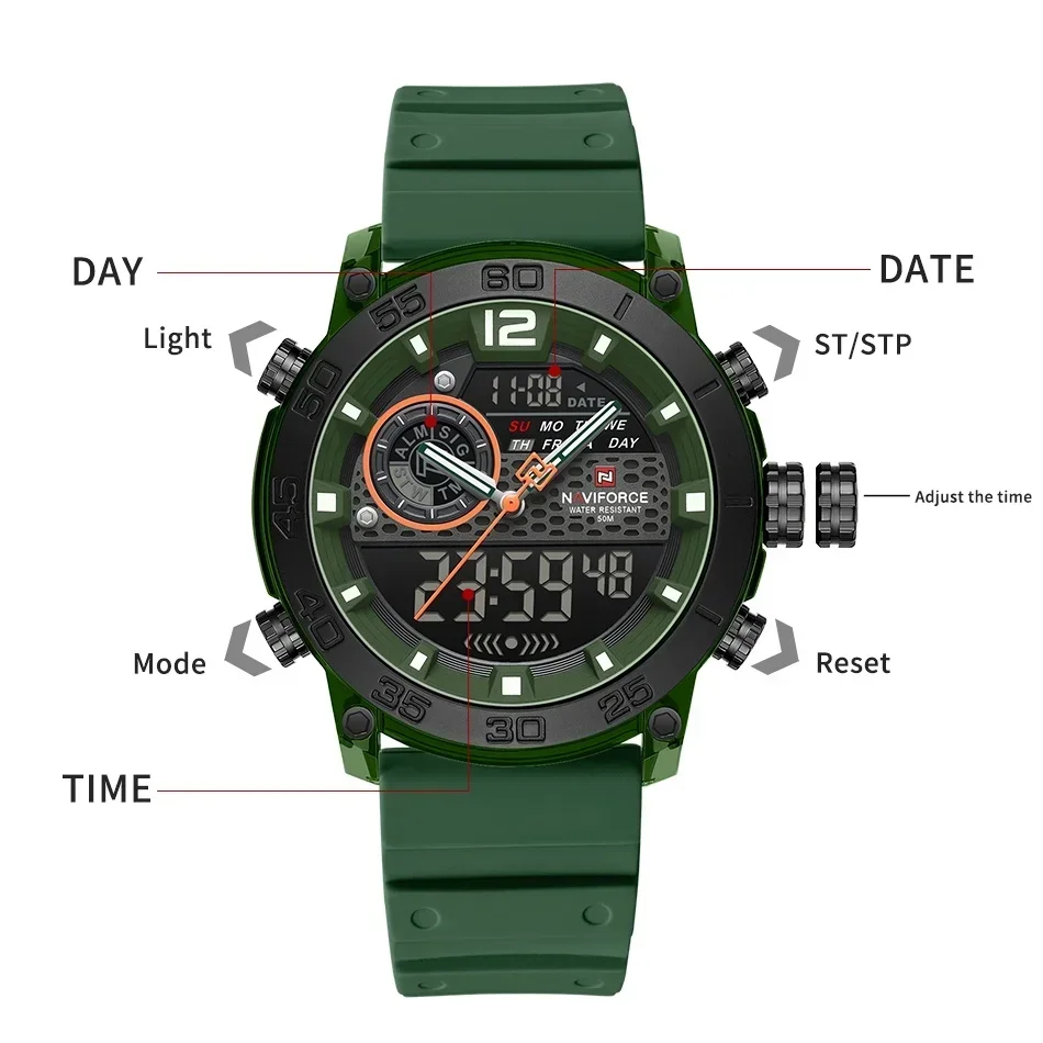 NAVIFORCE NF6104 Мужские легкие спортивные часы с двойным дисплеем и ночником для мальчиков, кварцевый секундомер, многофункциональный