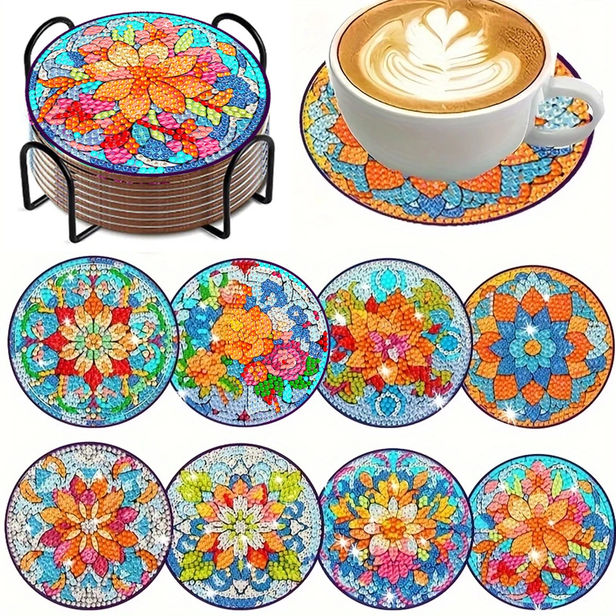 8-piece set with bracket diamond painting set, creative floral themed coaster set, sparkling diamond art wooden mosaic craft set