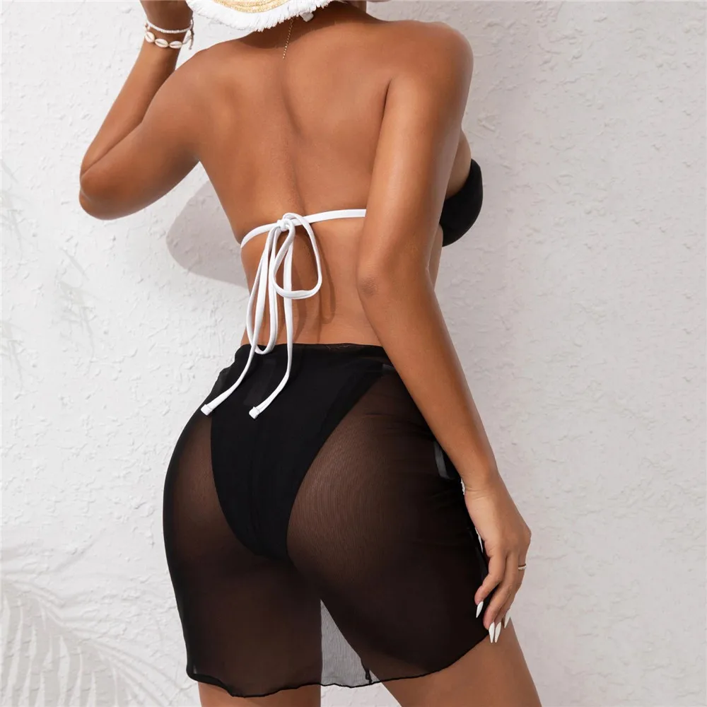 3D-Blume Neckholder String Micro Tanga Bikinis Sets 3-teilig Mesh Cover Up Sexy Badeanzug Frauen Urlaub Strand Damen Bademode Bikini