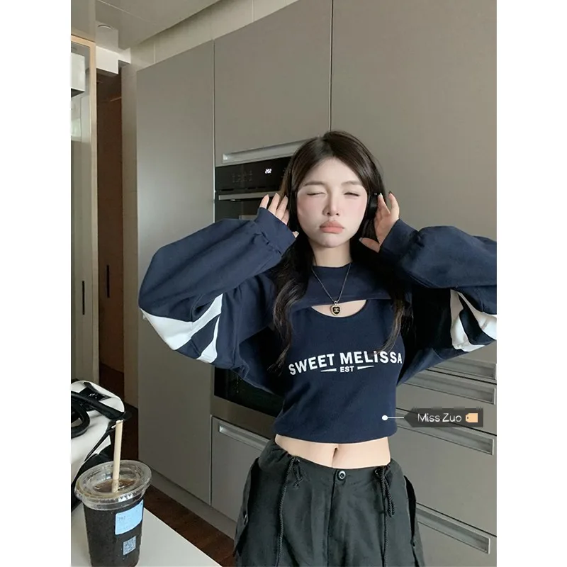 Vintage Kpop Hoodies Women Korean Fall Fashion Y2k Streetwear Pullover Long Sleeve Crop Top Autumn Two Piece Set Harajuku