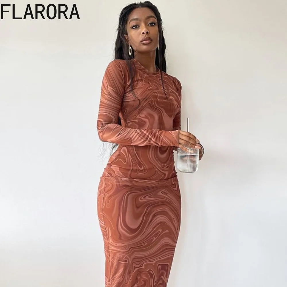 

FLARORA Fashion Stripe Print Bodycon Dress Woman Round Neck Long Sleeve Mid Calf Long Dresses Elegant Party Clubwear Vestidos
