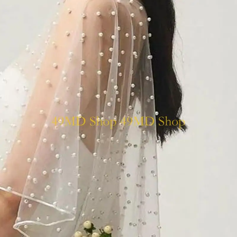 49MD Wedding Wraps Tulle Capes Pearl Beads Shawls with Delicate Beads Embroidery Bridesmaid Capelet Shrug for Party Evening