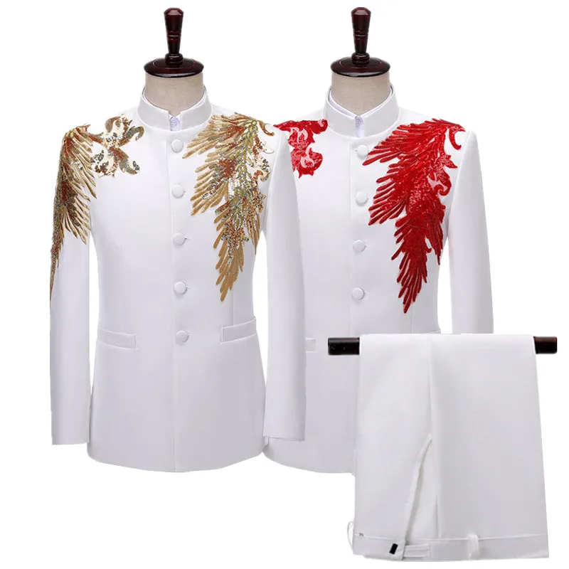 

Мужской костюм с воротником-стойкой в китайском стиле, комплект из 2 предметов, белый, синий, модный мужской сценический пиджак с цветочным принтом и брюки