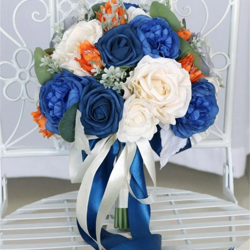 

Свадебные искусственные синие оранжевые цветы, букет, украшения, ручные цветочные украшения, товары для рукоделия на день 15UB