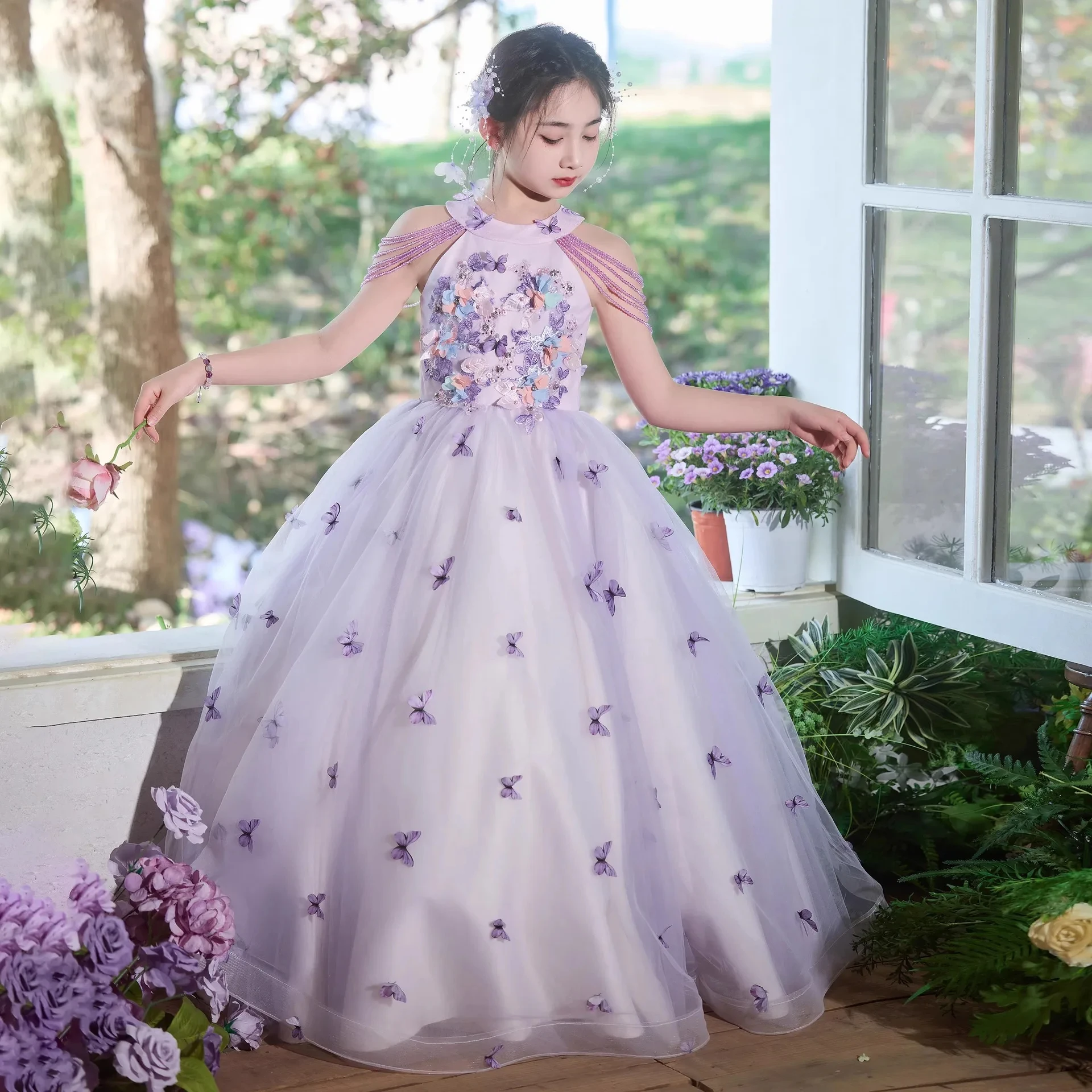 

Lavender Kids Formal Dress Halter Neck 3D Floral Butterfly Applique Tulle Ball Gown For Wedding Party Evening
