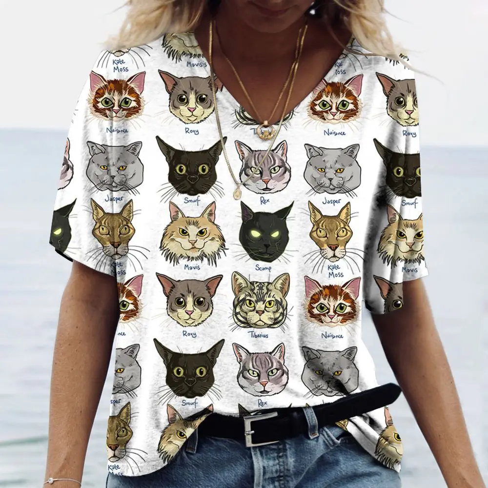 

24 Summer European and American Summer Women's V-neck T-shirt Fashion Casual Cat 3D Digital Printed Short Sleeved T-shirt Top