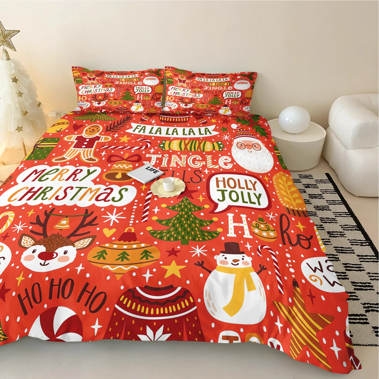 Merry Christmas Duvet Cover King Size for Kids Bedroom Decor,Deer Pine Silhouette Comforter Cover Happy New Year Bedding Set