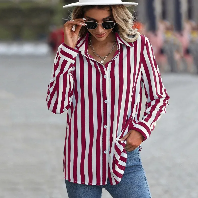 Blusa de mujer a rayas de manga larga, camisa abotonada con botones frontales, camisa de vestir roja y blanca con puños, estilo casual