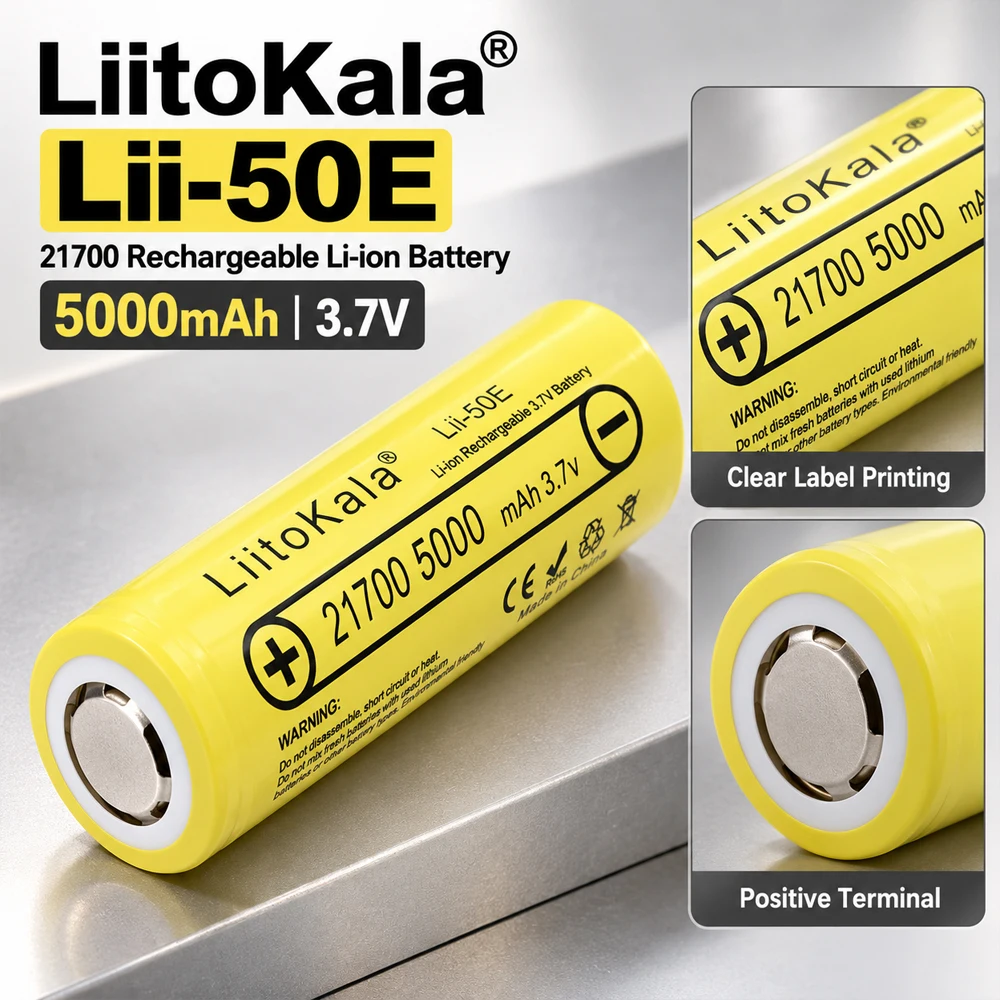 Akumulator LiitoKala Lii-50E 3.7V 21700 5000mAh, ładowalny, o wysokiej mocy rozładowania 5C, do urządzeń elektronicznych i latarek. — zdjęcie produktu 2