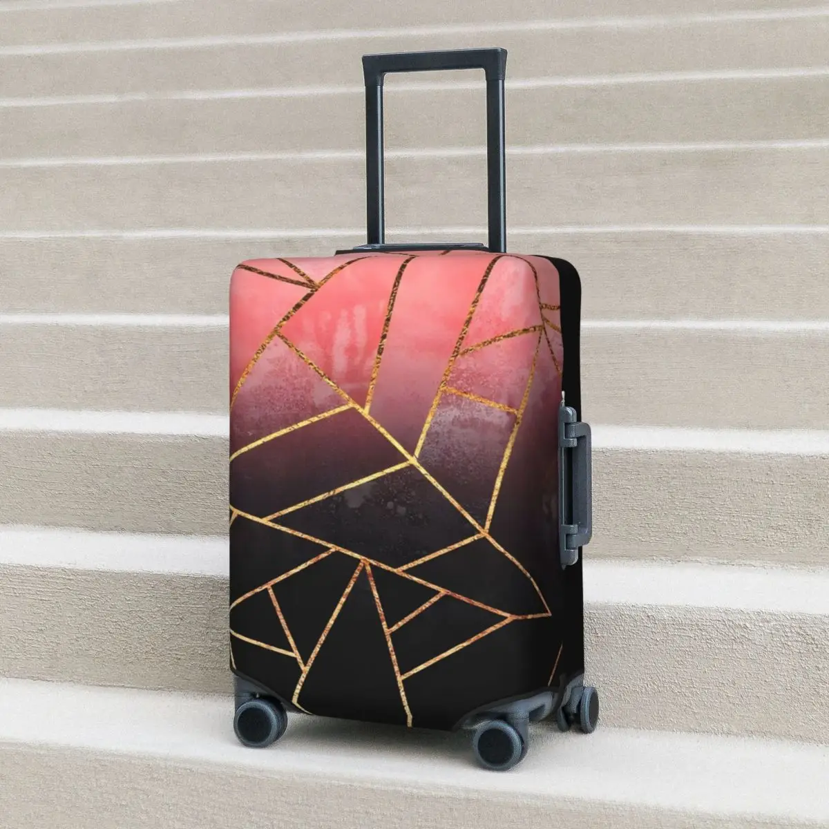 

Red Marble With Golden Suitcase Cover Triangles Art Fun Travel Protection Luggage Accesories Holiday