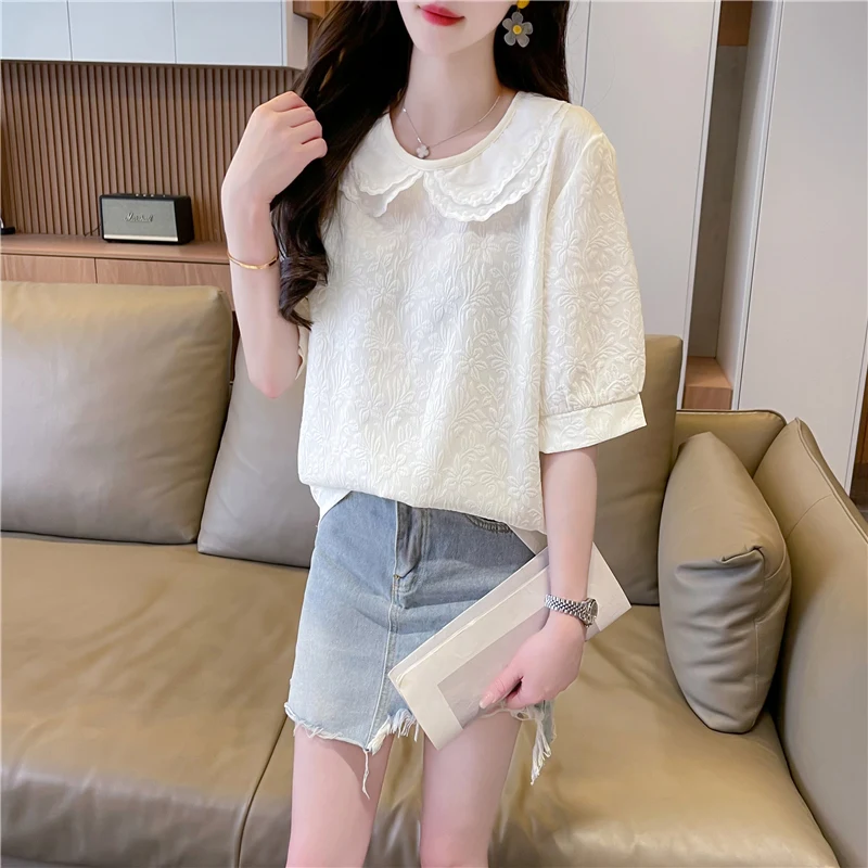 

Women's Summer Floral Round Neck Ruffles Solid Lace Patchwork Pullover Lantern Half Sleeve T-shirt Casual Loose Elegant Tops