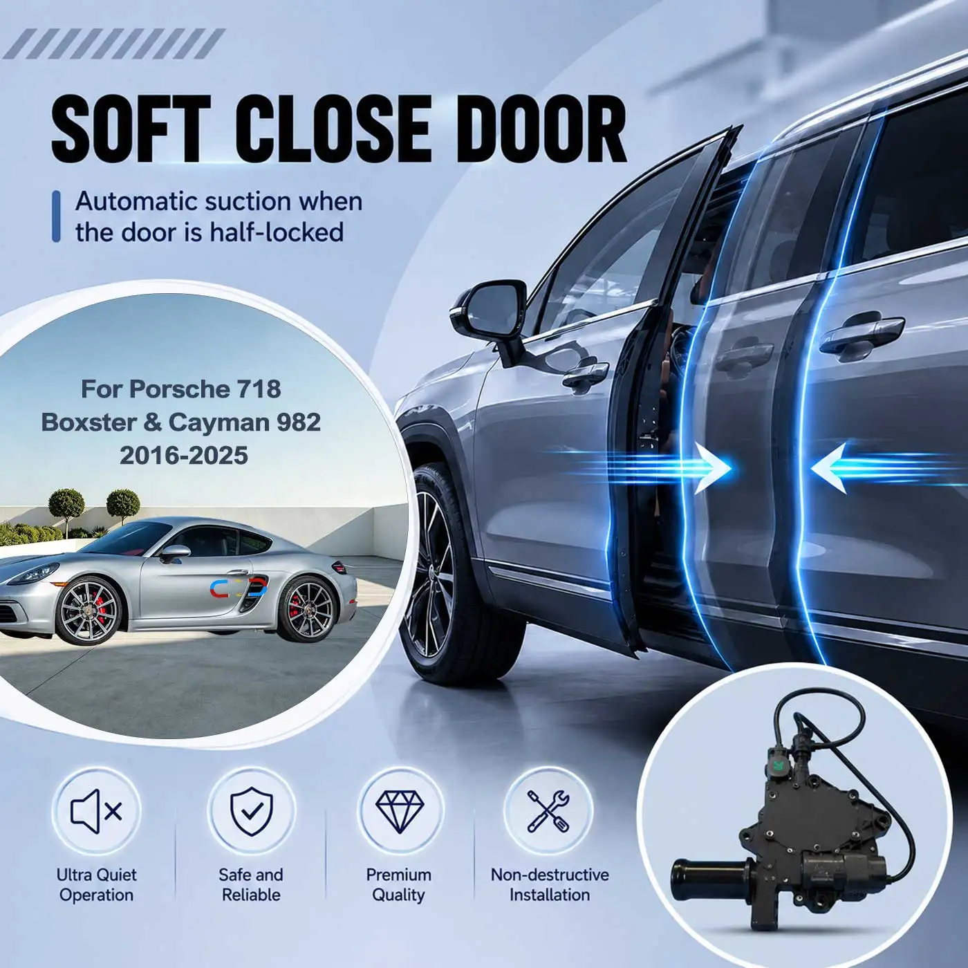 For Porsche 718 Boxster & Cayman 982 2016-2025 Electric Soft Close Door Auto Pull-In Suction Lock Intelligent Silent Closer Kit