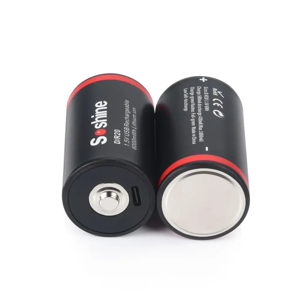 Soshine 1.5V USB 6000mWh D Size Batteries 6000mWh Lithium Li-ion Rechargeable Batteries 1200 Times Cycle for Cameras Microphone