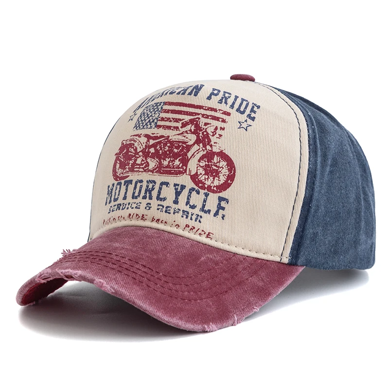 New Motorcycle Printing Baseball Cap Vintage Color Block Washed Cap Adjustable Dad Hats for Women Men