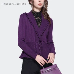 Fashion Women Purple Knitted Sweater Cardigan V-Neck Short Slim Drawstring Wool Tops Casual 2023 Autumn Winter Outwears