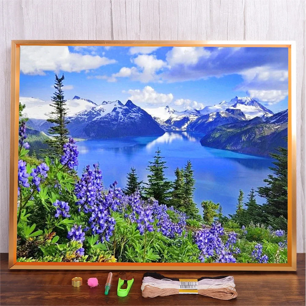 Landscape Pattern Embroidery Fabric Wisteria Flowers Printed Cross Stitch Mountain Lake Handmade Gift Printed Canvas 11ct