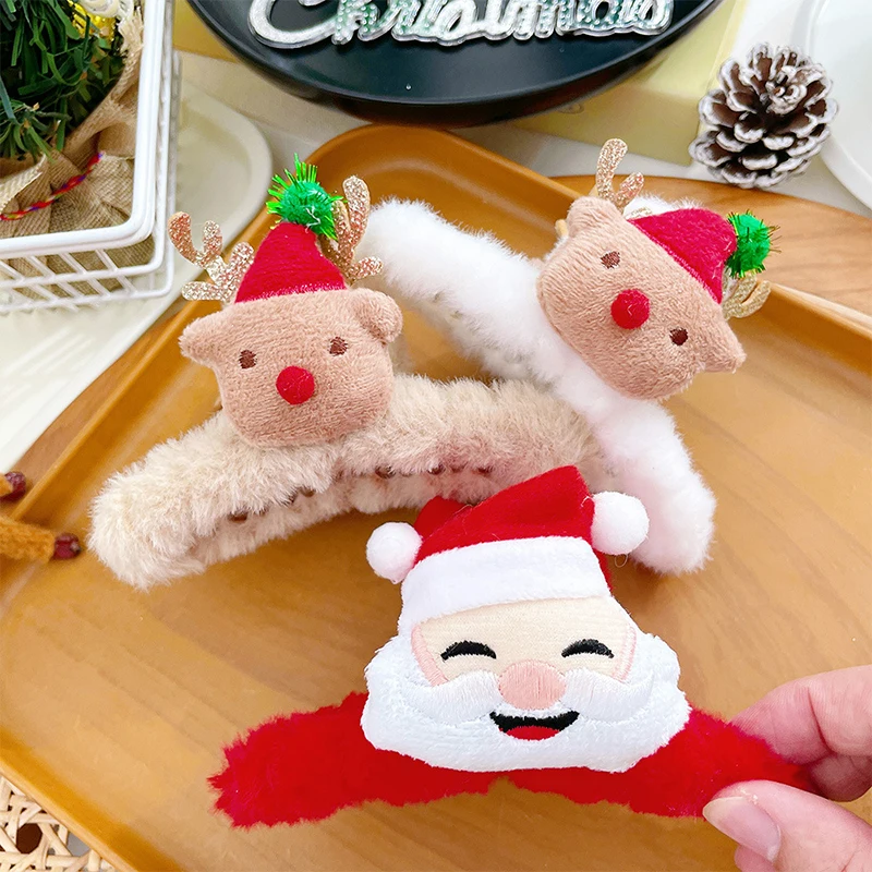 Cartoon Santa Claus Plush Hair Claw For Women Girls Ponytail Hair Clips Cute Christmas Shark Clip Fashion Hair Accessories Gift