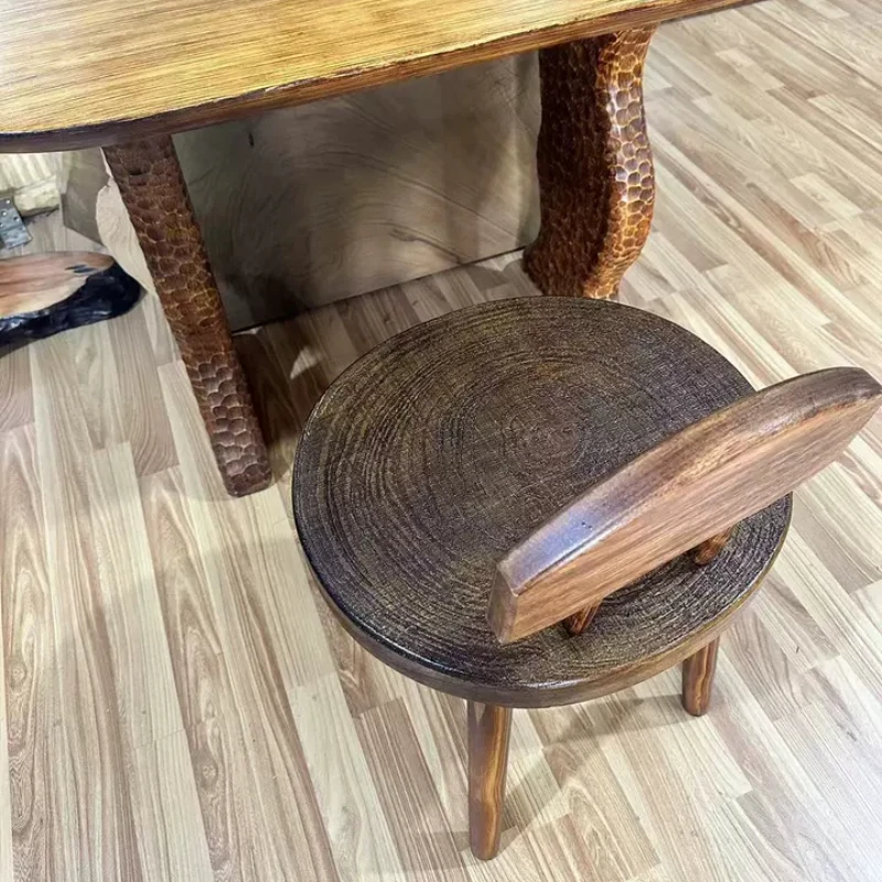 Middle Ancient Style Dining Chair Natural Solid Wood Tea Chairs Carved Wood Grain Backrest Seat