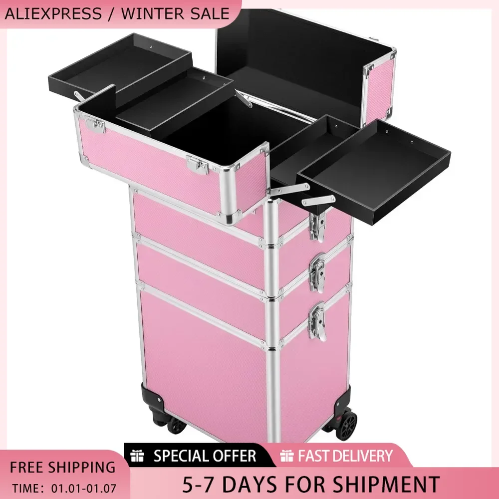 4 in 1 Makeup Rolling Train Case Aluminum Trolley Professional Cosmetic Organizer Box with Shoulder Straps 2 Keys Makeup Case