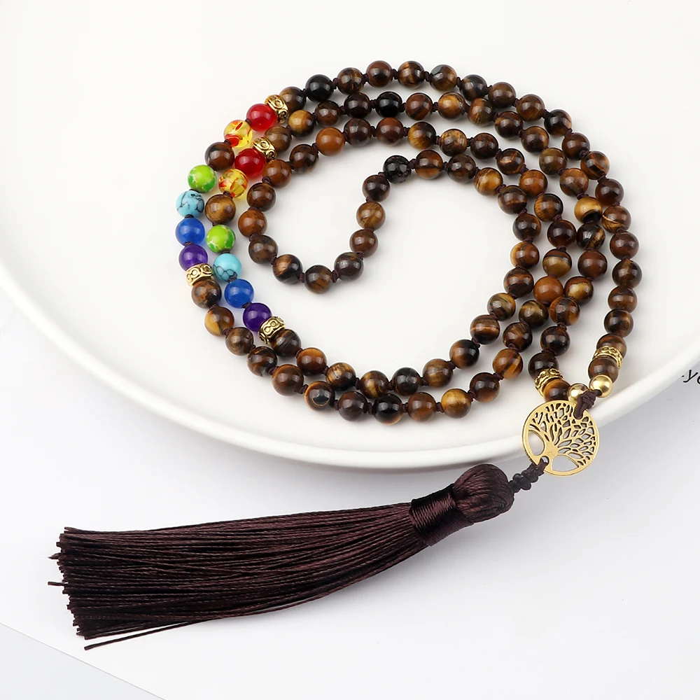 Tiger Eye Stone Beads Life Tree Necklaces Fahion 108 Mala Natural Stone Onyx Beaded 7 Chakra Necklaces Women Men Jewelry Gifts