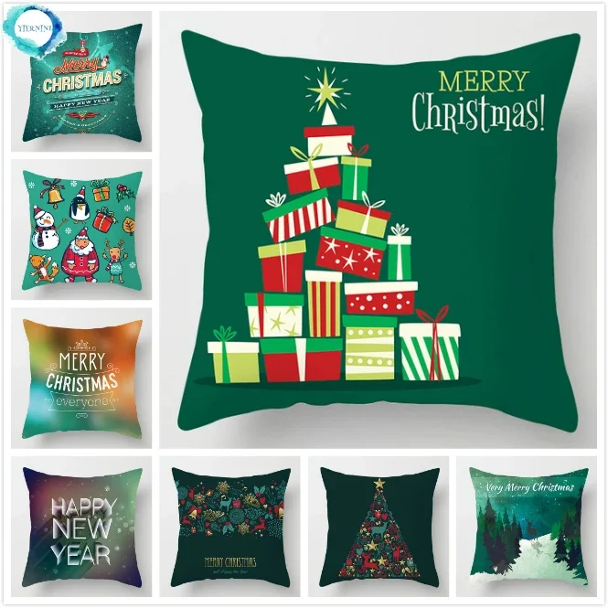 Christmas Decorative Pillowcase Polyester Green Santa Claus Elk Throw Pillow Case Cover Pillowcase Merry Christmas Gift 45X45CM