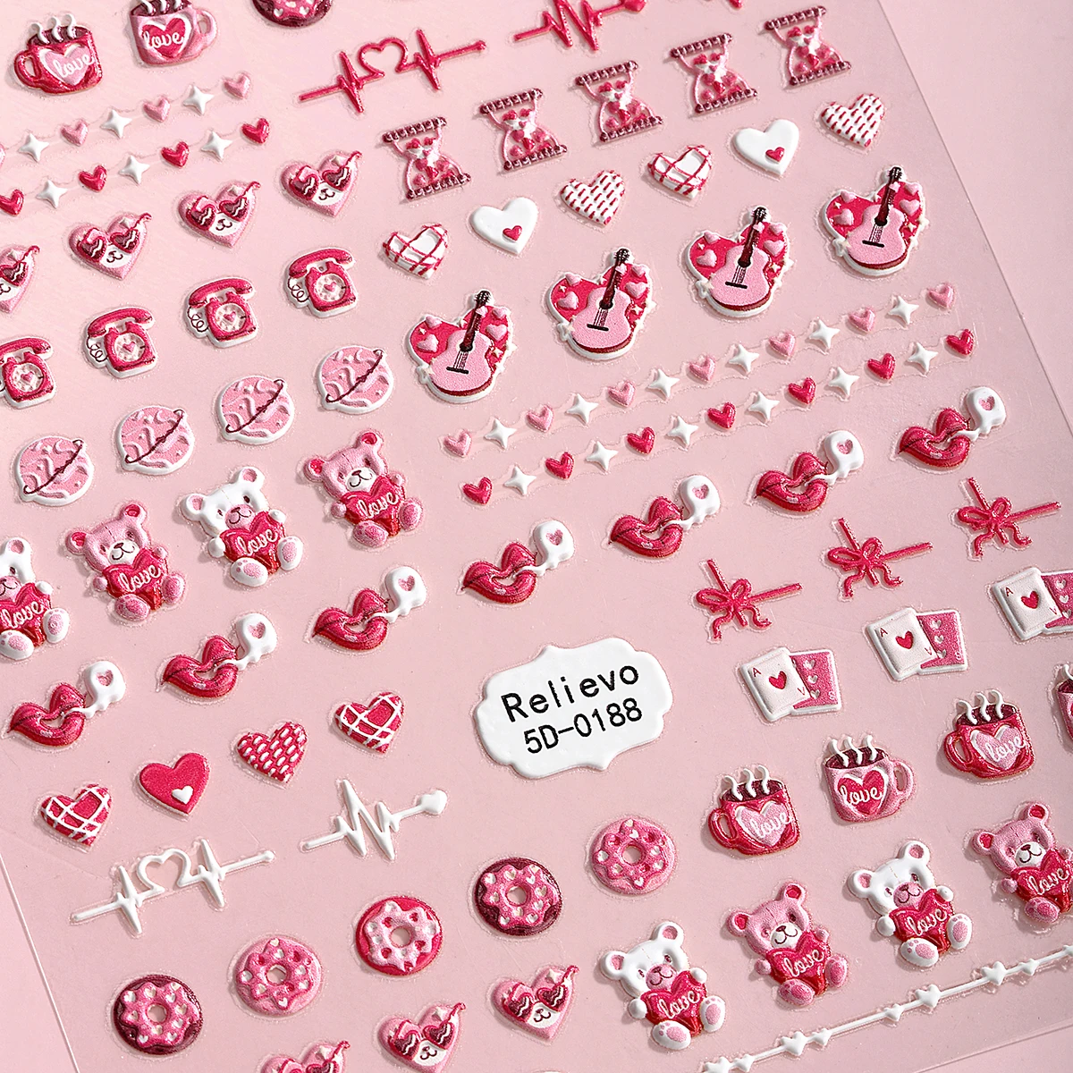 5D Pink Heart Bear Nail Art Stickers Cartoon Dessert Lips Self-Adhesive Nail Decals for Valentine's Day DIY Decoration Slider