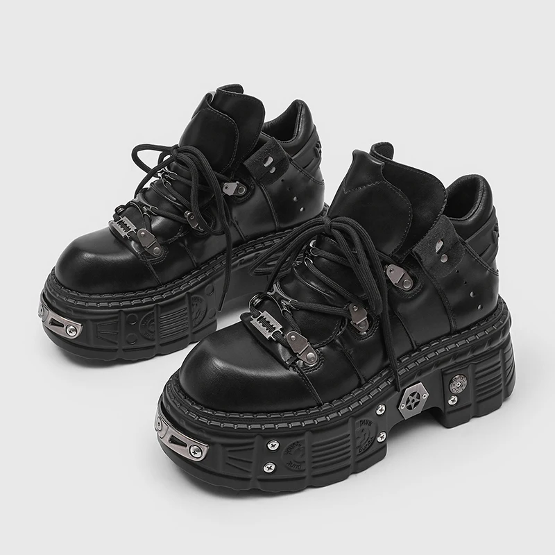 New Men Punk Style Lace up Shoes 6 Centimeter Heel Thick-soled Shoes Men Fashionable Ankle Boots Metal-decorated Men Sports Shoe