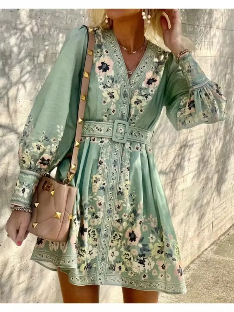 여성용 보헤미안 플로럴 프린트 드레스 - 브이넥, 긴 소매, 무릎 길이, 벨트 포함, 루즈핏, 플리츠 디자인, 봄에 딱 맞습니다