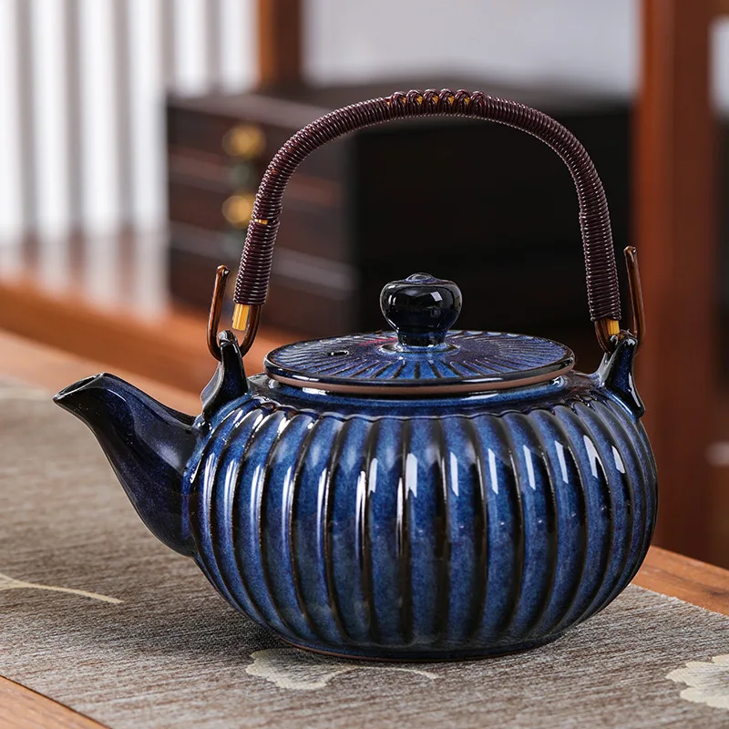 

Jun Blue Teapot Ceramic Striped Beam Teapot Large Capacity Kung Fu Tea Set