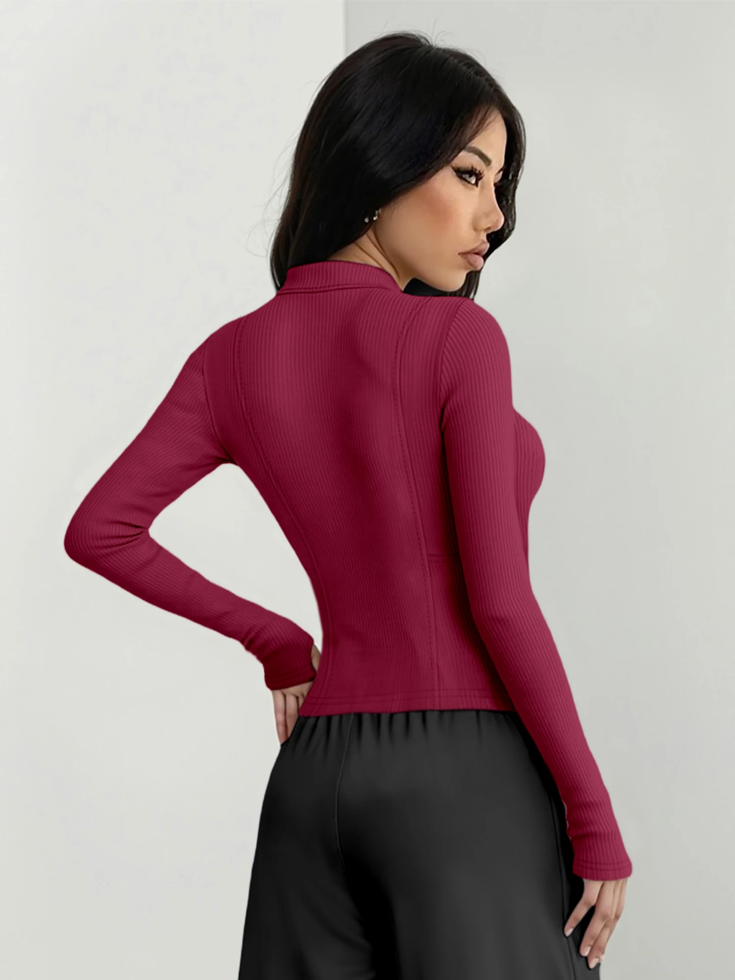 Women Cropped Ribbed Full Zip Jacket Stand Collar Thumb Hole Long Sleeve Knit Jacket for Daily Shopping and Weekend Trips