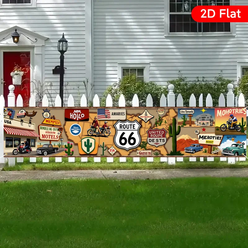 VIKAMA Route 66 American Retro Geburtstagsbanner – Dekoration für Balkon und Gartenzaun – Stimmungsverbesserung für Geburtstagsfeiern