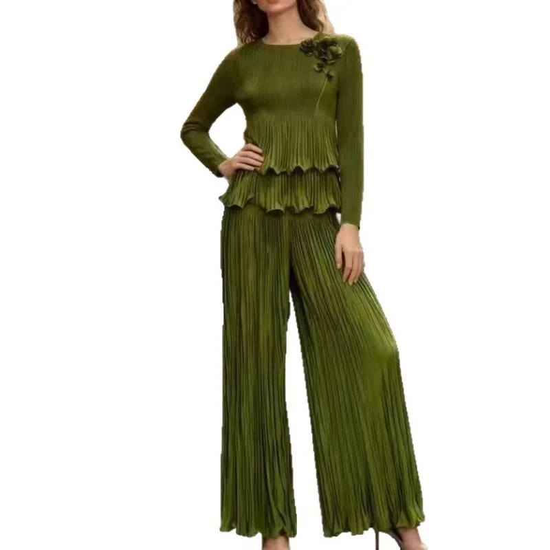 Miyake geplooid broekpak plus size set 2025 herfst nieuwe plisse mode volant top en wijde pijpen broek dames vouw 2-delige set