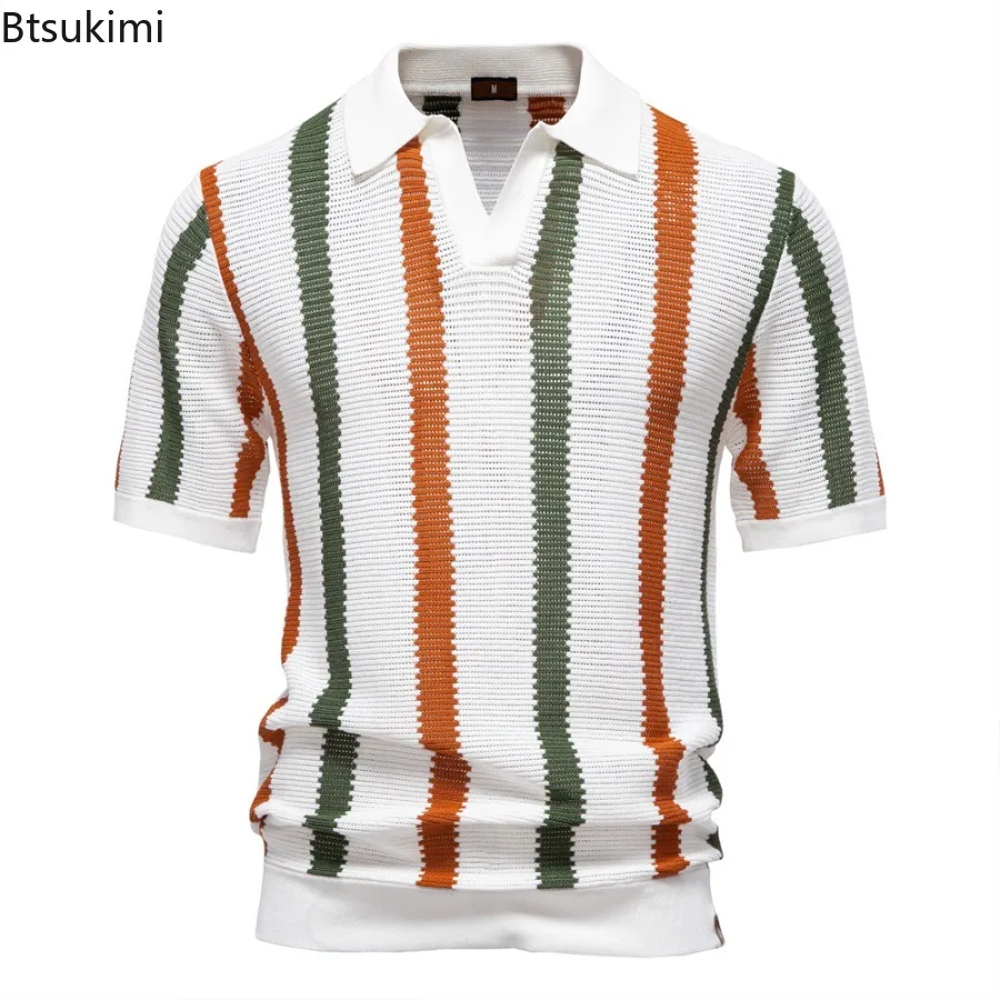 

Fashion New Men's Ribbed Knit Polo Shirts Breathable Hollow Out Striped Casual Wear Summer Lapel High Quality Male Thin Sweaters