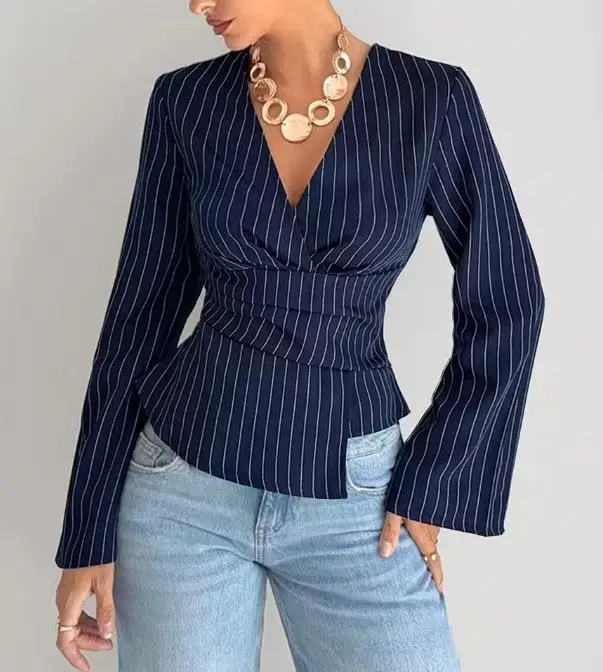 

Women's Shirt 2026 Waist Up Shirt Pullover Fashion Stripe V-Neck Long Sleeved Shirt Commuting Elegant Business Shirt