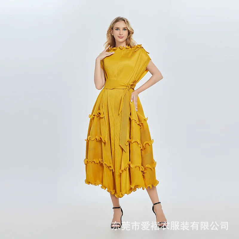 

Miyake Pleated Summer Holiday Dress Women's Stand Collar Lace Up Sleeveless Elastic Oversized Ruffles Boho Robe Loose Vestidos