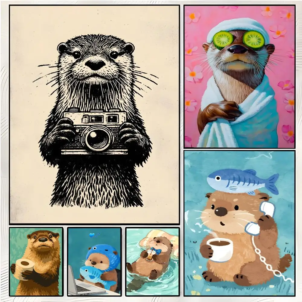 illustration character Funny Otter And Raccoon Bathroom Poster Superior Home Space  Indoor Decorative Art & Home Decor