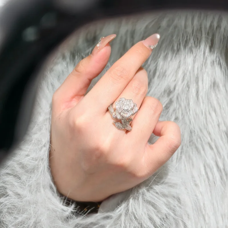 Geometric micro-set with diamonds luxury rose flower ladies engagement ring 925 sterling silver ear stud pendant jewelry