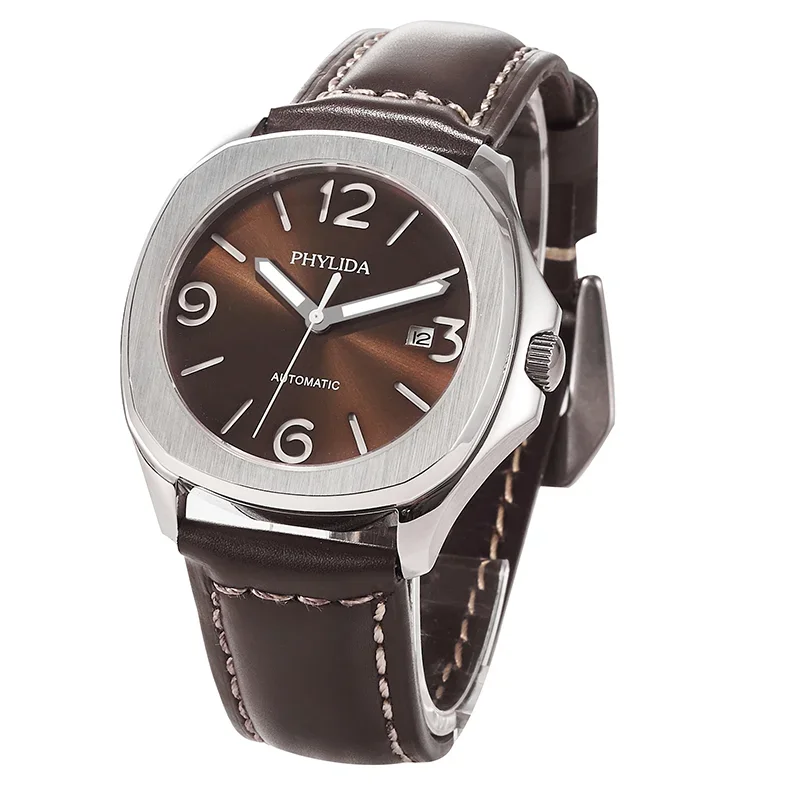 PHYLIDA 40mm Brown Sandwich Dial Mens Watch Custom Wristwatch Miyota Automatic Sapphire Crystal Leather Strap