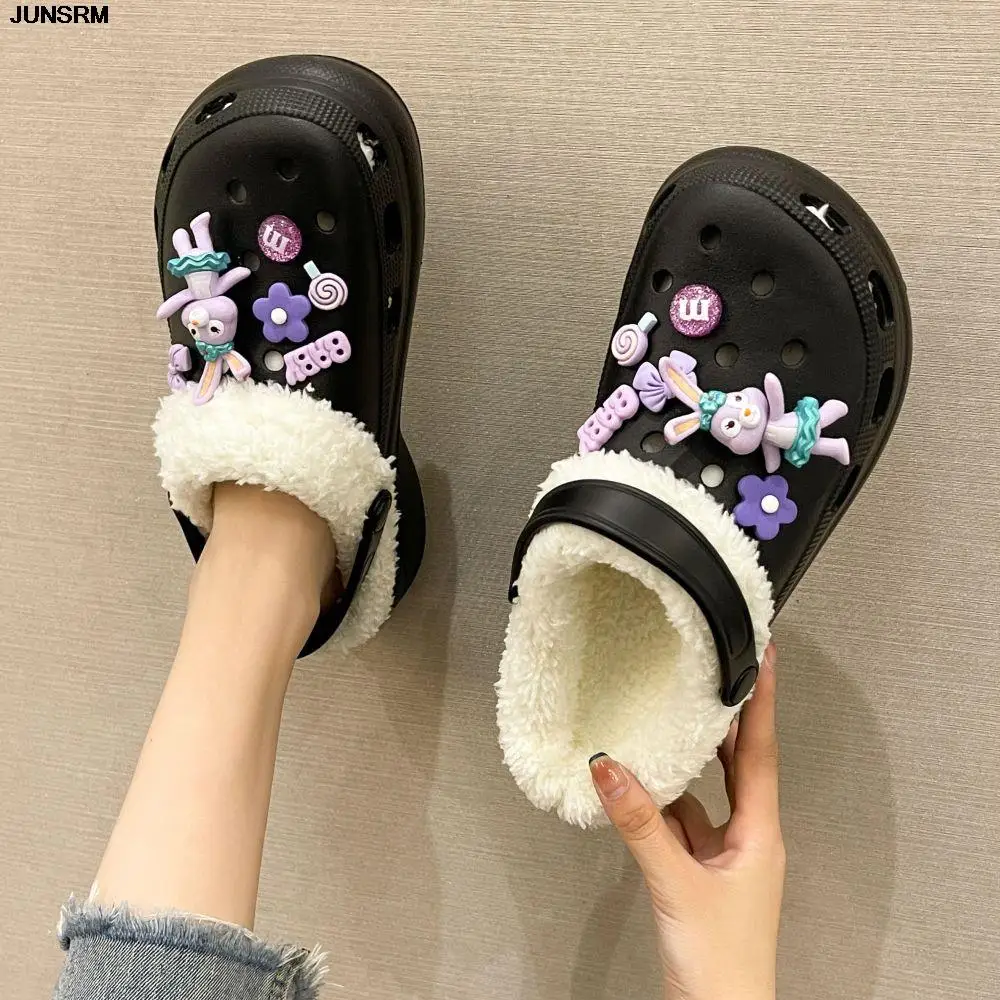 Hot Women Slippers 6cm Platform Warm Furry Clogs Slippers with Charms Indoor Home Cotton Shoes Fluff Fur Slides Plush Sandals