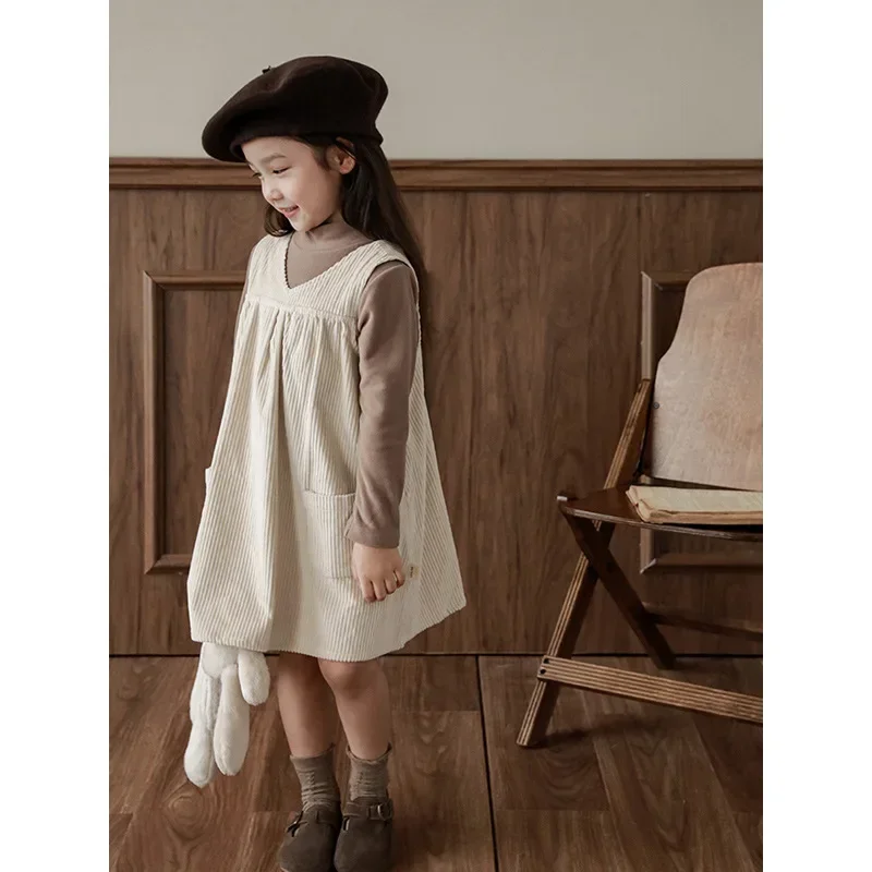 Girls\' Striped Velvet Dress Loose Children\'s Korean Casual Suspender Dress 2023 Spring Autumn New Clothes