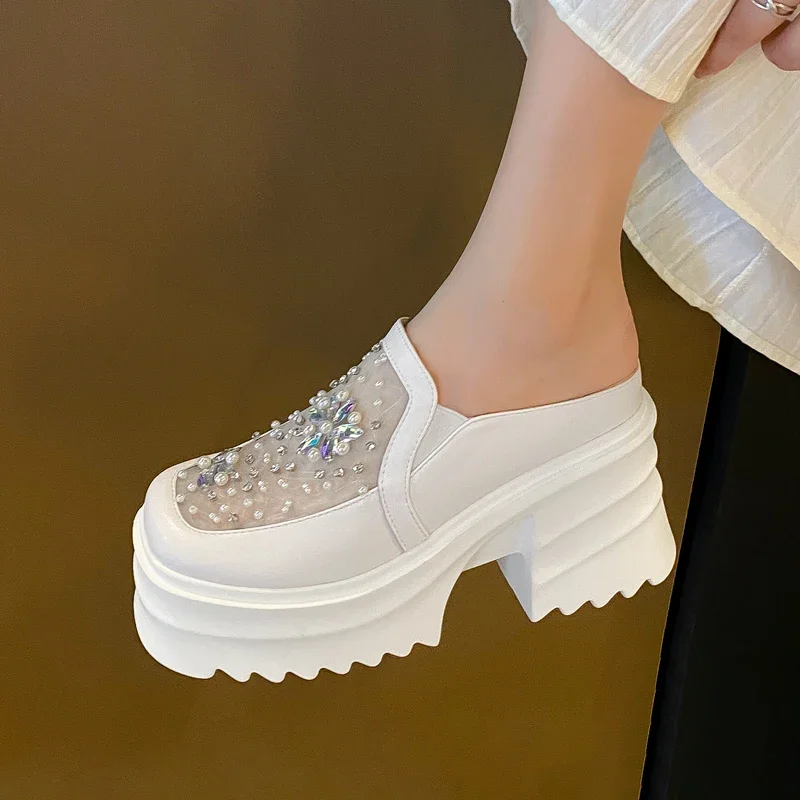 

Leather Thick Heel Sandals Women's Half Slippers High Heels Casual Diamond Beaded Outdoor Wear Heightening Headed Slippers