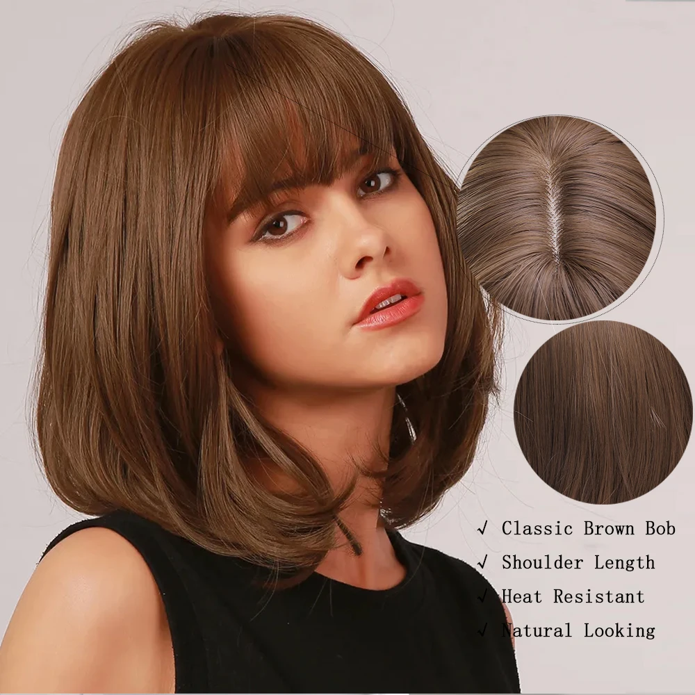 LOUIS FERRE Short Straight Brown Bob Wigs for Women Shoulder Length Synthetic Wigs With Bangs Daily Use Heat Resistant Hair Wigs