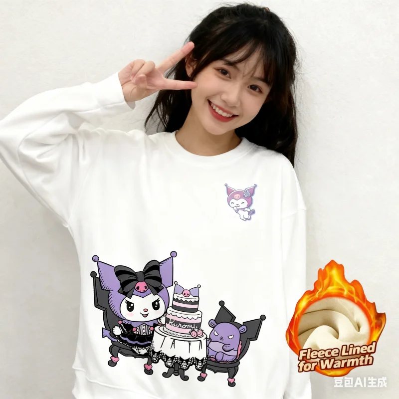 

2025 Sanrio Series Printed Crew Neck Long-Sleeve Top, Cute and Warm Fleece-Lined Crew Neck Long-Sleeve T-Shirt, 100% Cotton