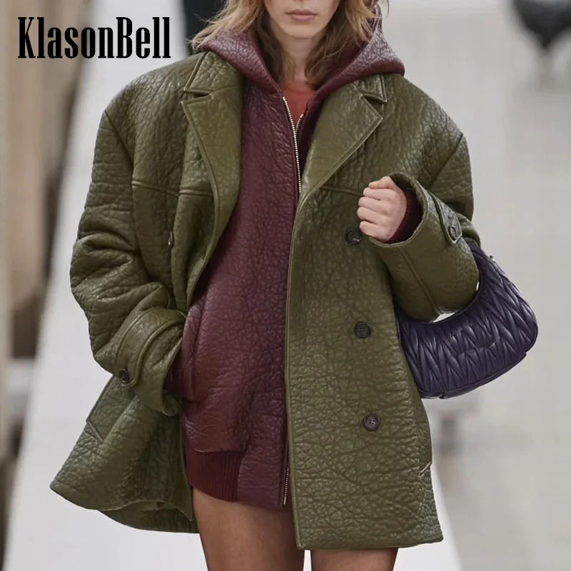 7.15 KlasonBell Women\'s Runway Fashion Vintage Double Breasted Blazer Coat Back Letter Brand 100% Sheepskin Mid-Length Jacket