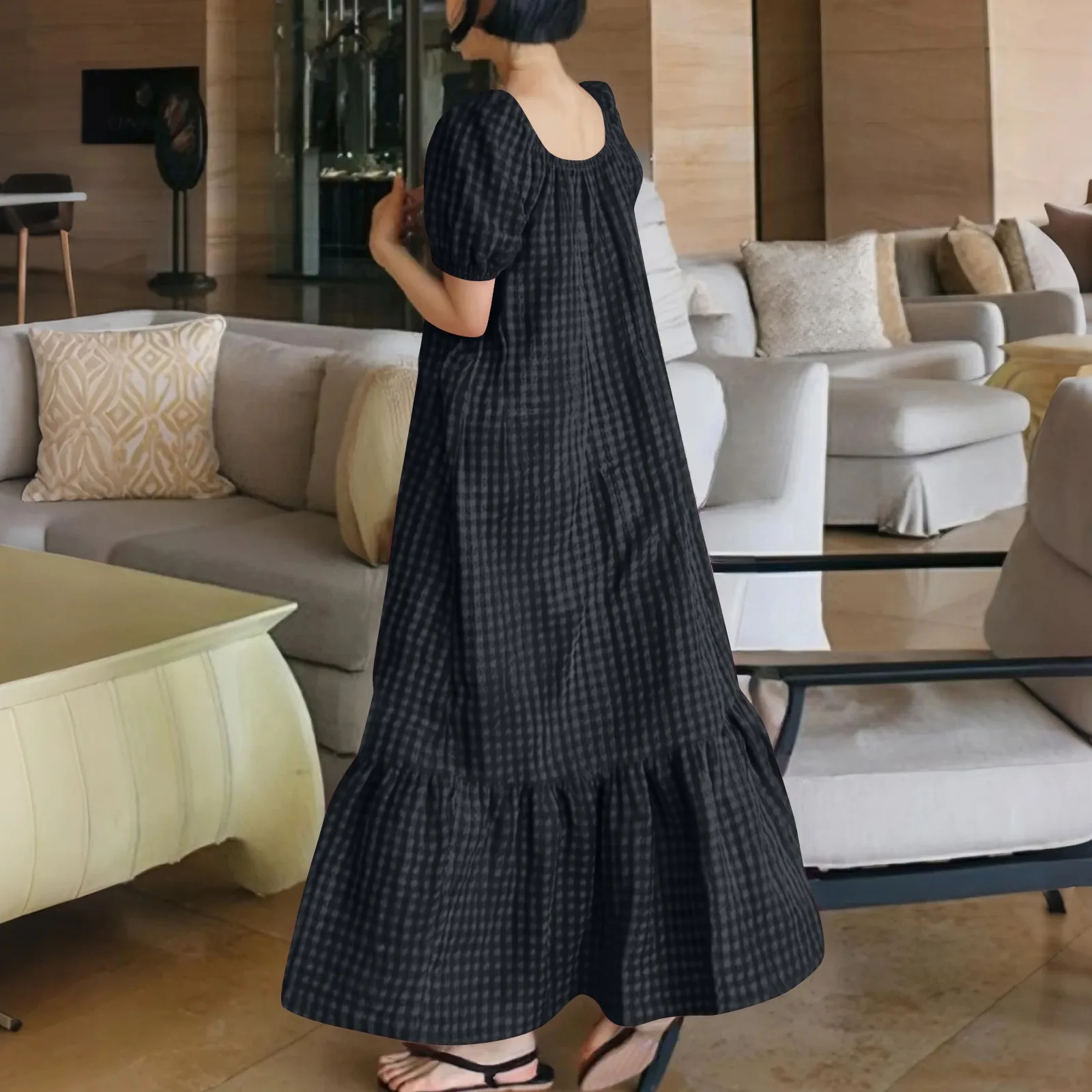 สตรีลายสก๊อตพิมพ์แฟชั่นเสื้อสวมหัวสแควร์คอชุดลําลองอเนกประสงค์กระโปรงยาว Vestidos Para Mujer ชุดยาว