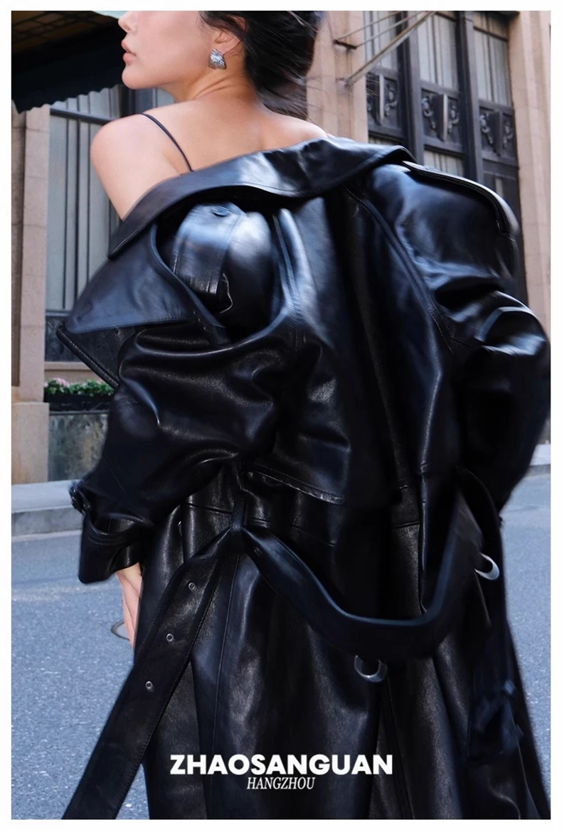 Lautaro Spring Autumn Cool Extra Long Black Loose Pu Leather Trench Coat for Women with Shoulder Pads Belt European Fashion 2024