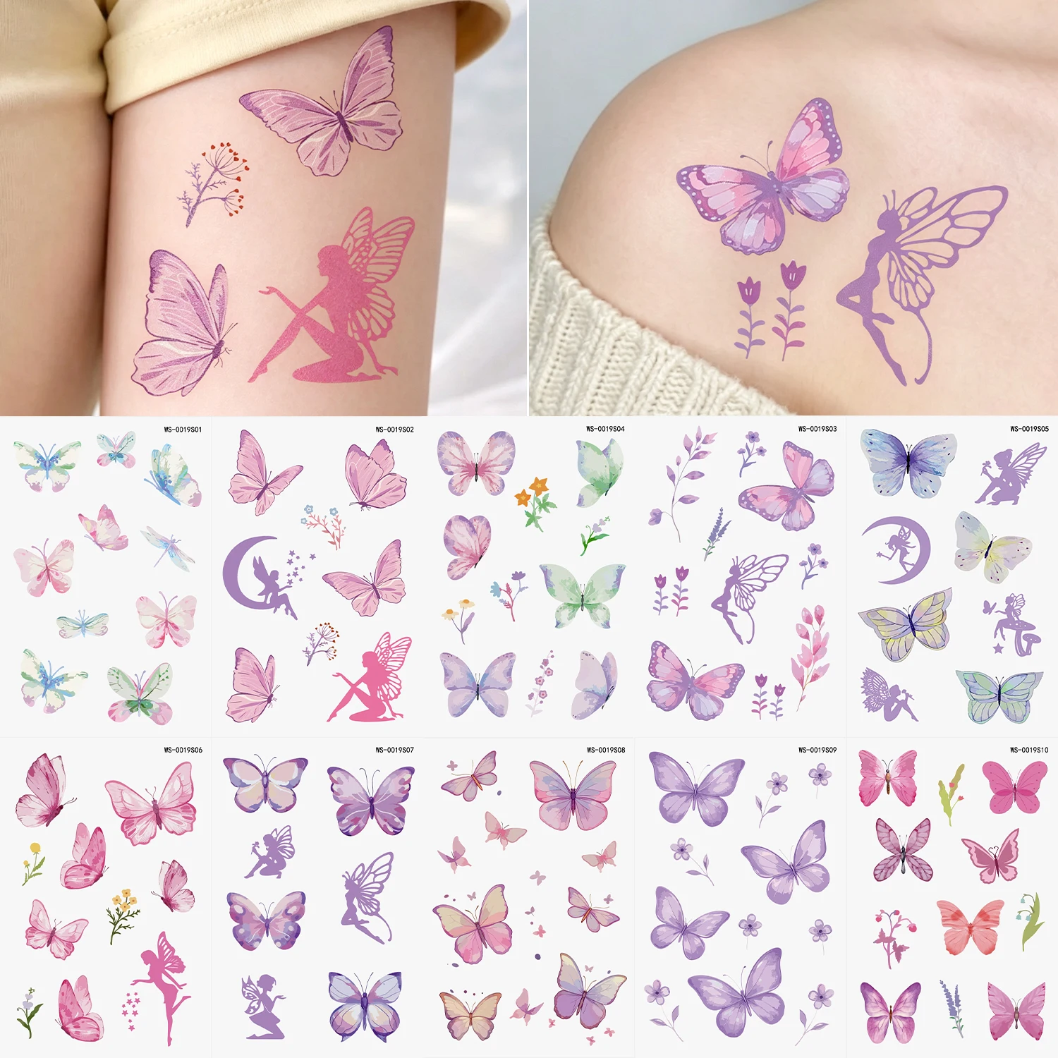 10Pcs Charming Butterfly Temporary Tattoo Sticker for Hand Body Chest Gradient Pink Purple Butterfly Fairy Waterproof FakeTattoo