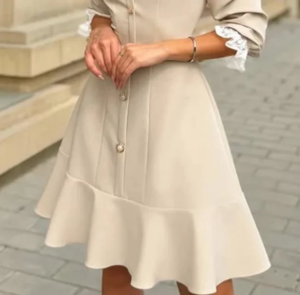 

Elegant Dresses Women Lace Collar Puff Sleeve Lace Trim Cinched Waist A Line Dress Fashion Button Front Ruffle Hem Party Dress
